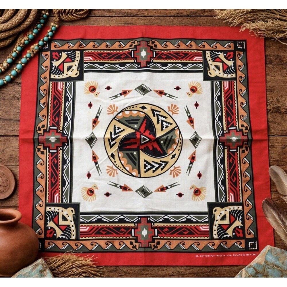 1970s Wamcraft Bandana USA Southwestern Geometric NOS Red 21 x 21 Vintage